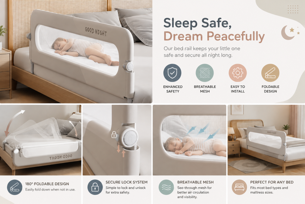 Child's single bed with an upholstered safety rail fitted along one side