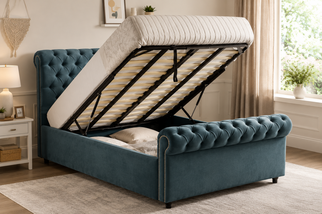 Ottoman bed base lifted open showing gas struts and storage space