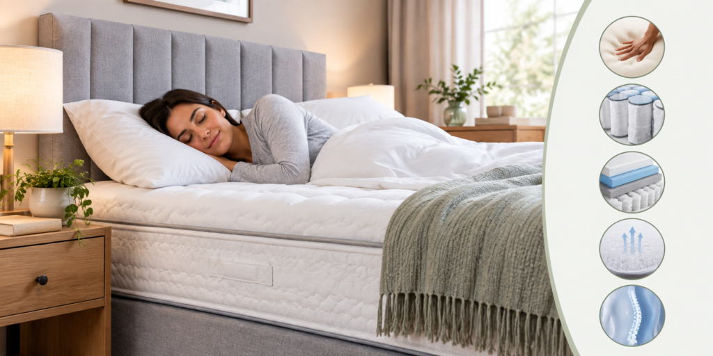Woman sleeping comfortably on a supportive mattress in a cosy bedroom, illustrating mattress support for back pain.