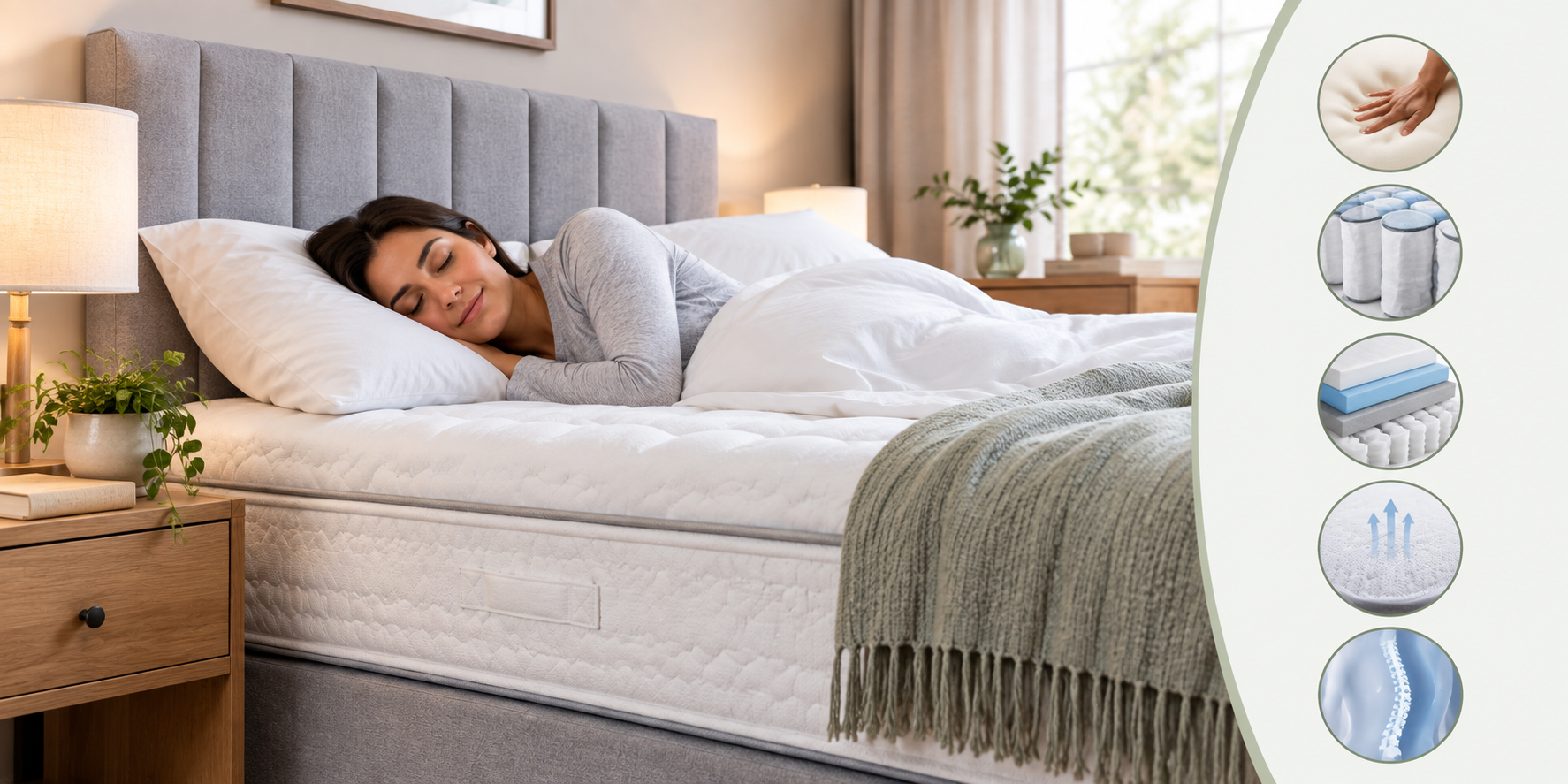 Woman sleeping comfortably on a supportive mattress in a cosy bedroom, illustrating mattress support for back pain.