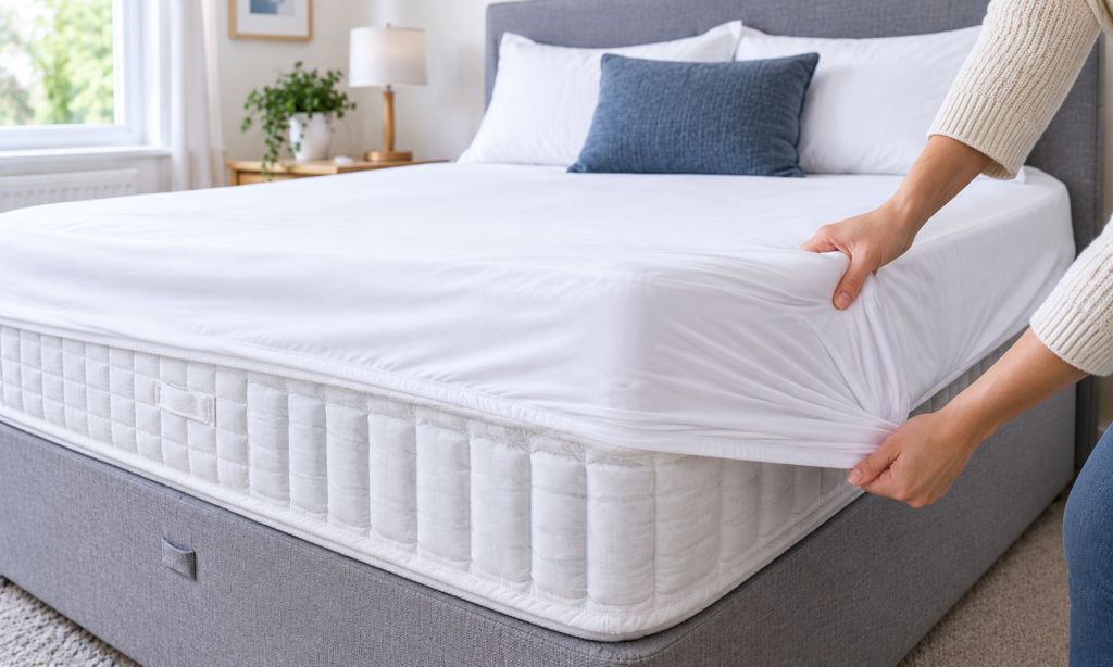 Fitted mattress protector being pulled over a pocket sprung mattress on a divan bed