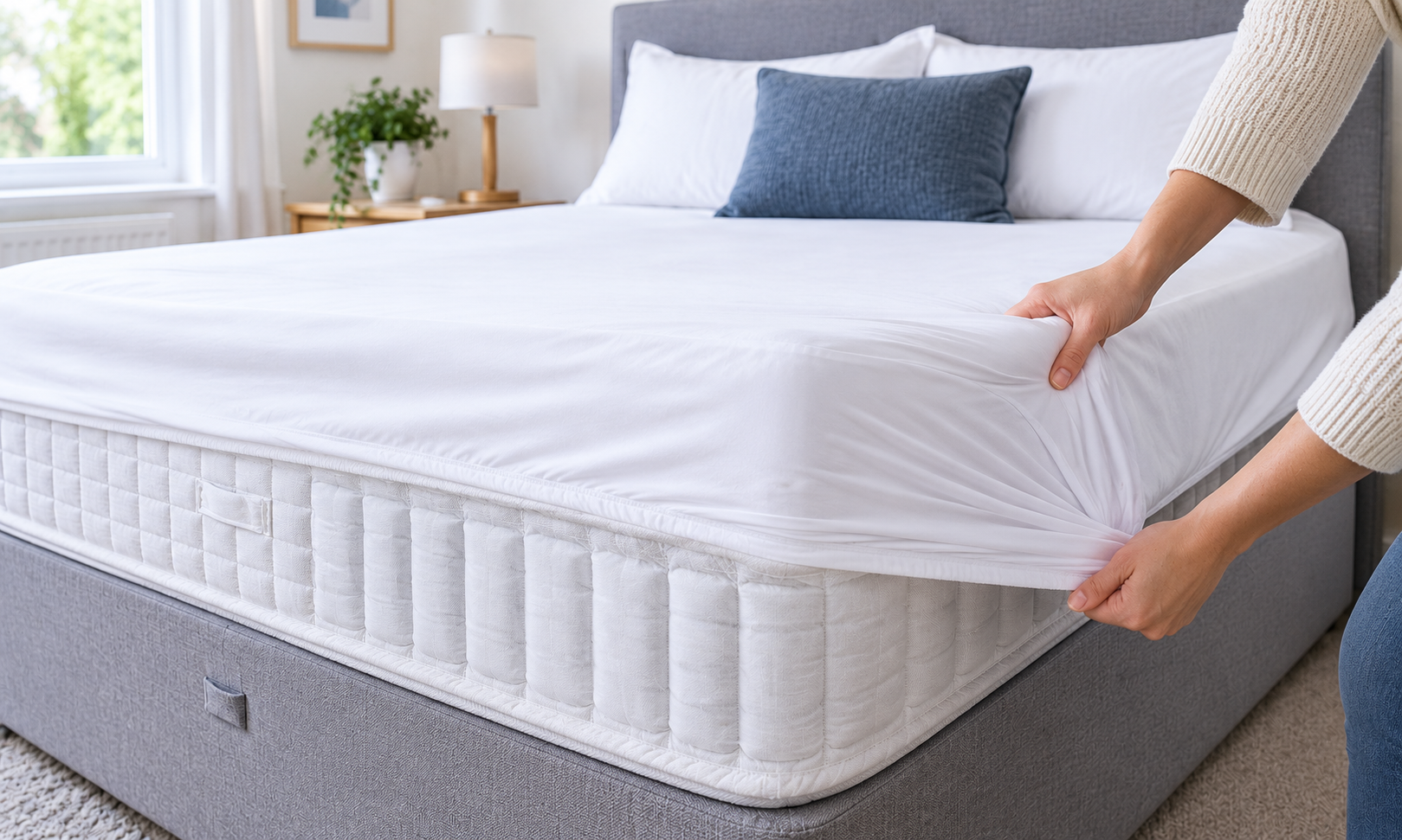 Fitted mattress protector being pulled over a pocket sprung mattress on a divan bed