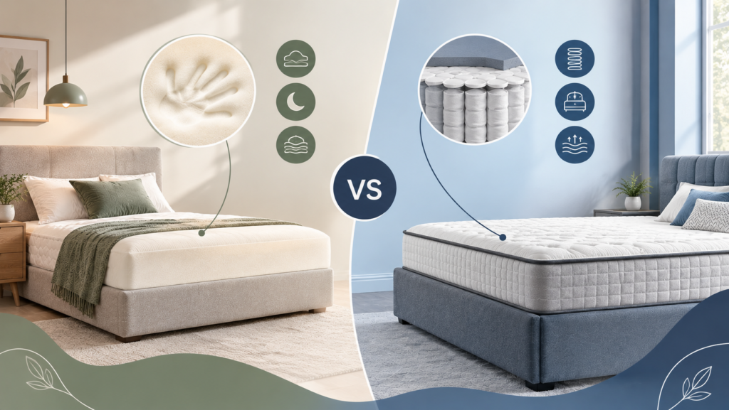Memory foam and pocket sprung mattress comparison featuring two modern upholstered beds, with close-up views of pressure-relieving memory foam and individually wrapped pocket springs in contrasting neutral and blue bedroom settings.