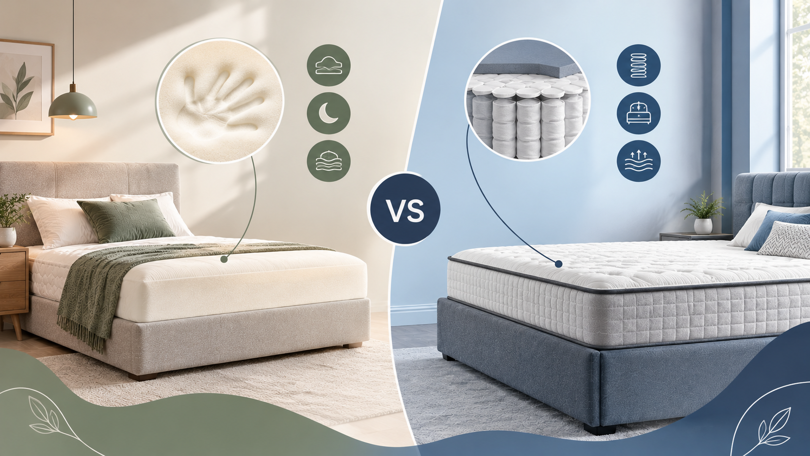 Memory foam and pocket sprung mattress comparison featuring two modern upholstered beds, with close-up views of pressure-relieving memory foam and individually wrapped pocket springs in contrasting neutral and blue bedroom settings.